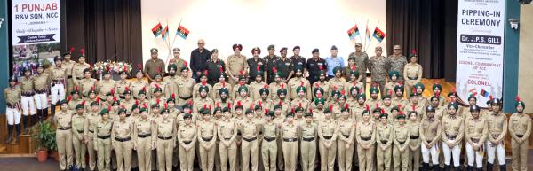 Dr. Jatinder Paul Singh Gill, Vice-Chancellor, Major General Narinder Singh, Sena Medal, and other dignitaries with NCC cadets